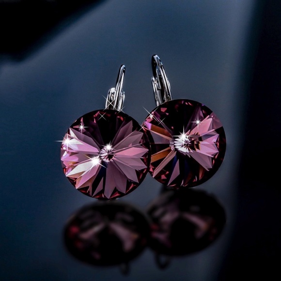 Deep Plum Austrian Crystal Lever Back Earrings - Picture 2 of 8